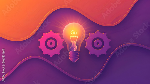 Illuminated lightbulb with gears on wavy orange and purple background