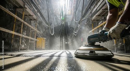 Construction Worker Grinds Fresh Concrete Floor Using Power Trowel Equipment