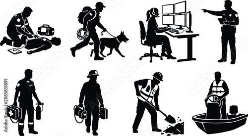 Tableau sur toile First responders and emergency rescue team black silhouette icon set with parame