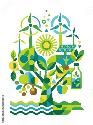 Colorful cartoon tree with eco symbols and sun.