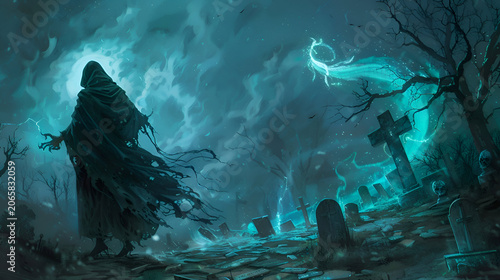 Mysterious hooded figure in haunted cemetery with glowing spectral light