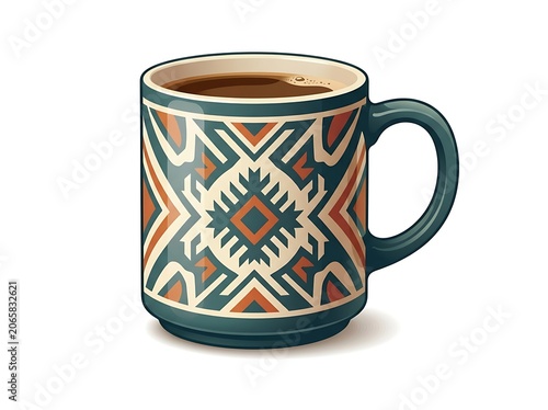Colorful ceramic mug with intricate geometric design.