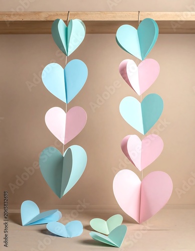 Colorful paper heart decorations on wooden surface.