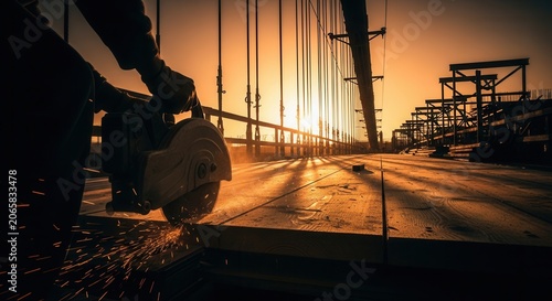 Construction Worker Grinding Metal On Bridge Project During Sunset