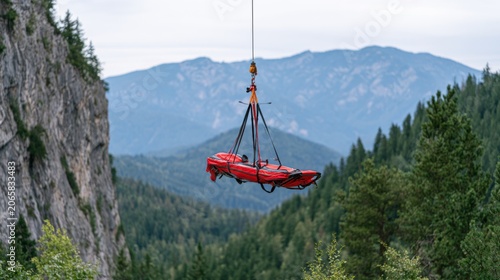 Helicopter rescue operation with a red stretcher being lifted above a mountainous landscape, surrounded by dense green forests and rocky cliffs