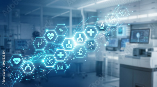 Futuristic medical laboratory with glowing digital healthcare icons and abstract data visualization interface in a modern research facility