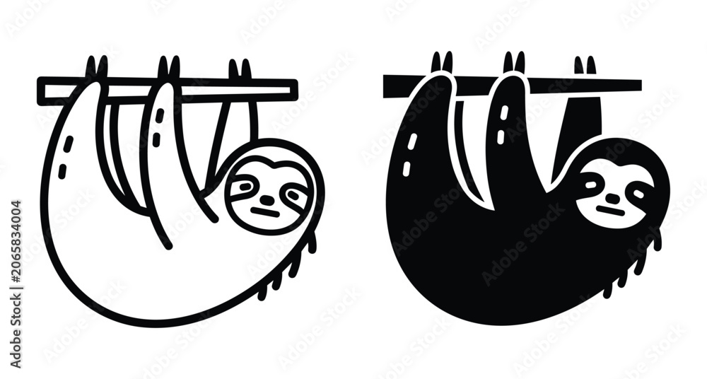 Fototapeta premium Cute sloth hanging from tree branch vector illustration set with outline and silhouette versions for stickers decals and craft projects