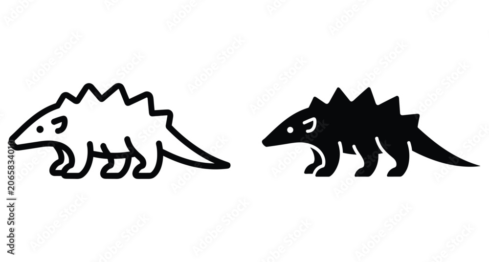 Fototapeta premium Pangolin icon set featuring outline and solid silhouette designs of a scaly anteater for wildlife conservation and animal nature branding
