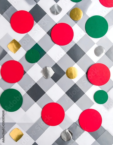Colorful geometric pattern with red green yellow circles.