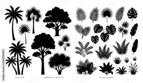 Konstfotografi Tropical forest foliage silhouette vector collection with palm trees and botanic