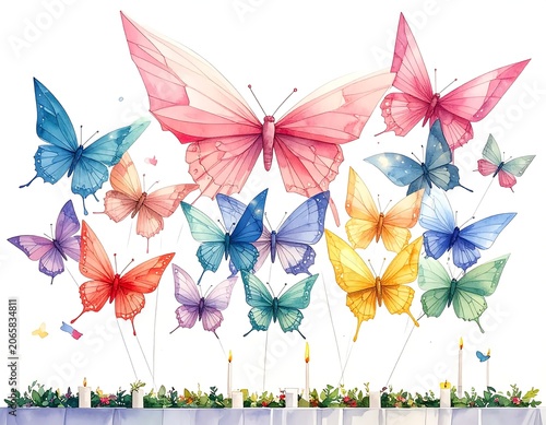 Abstract watercolor painting with floral and butterfly design.