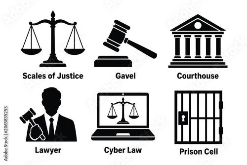 Tableau sur toile Legal practice and judicial courtroom icon set with attorney building litigation