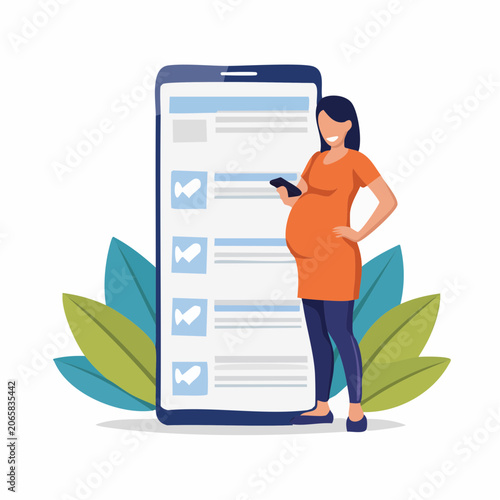 Pregnant Woman Using Smartphone with Checklist on Screen