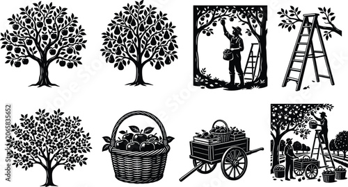Fotografie Fruit orchard harvest icon set with apple trees wicker basket and farmers gather