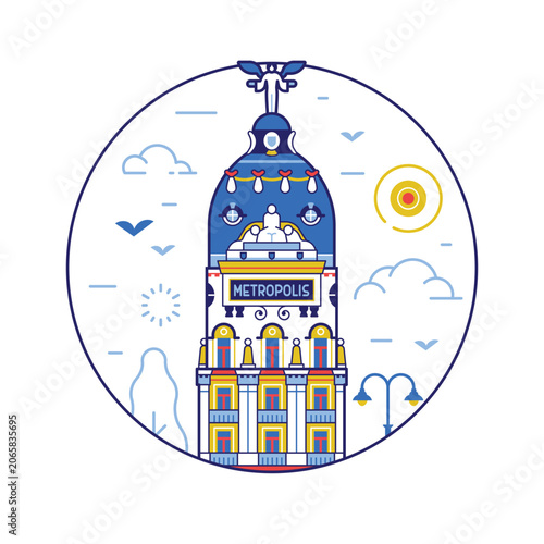 Edificio Metropolis Circle Icon in Line Art