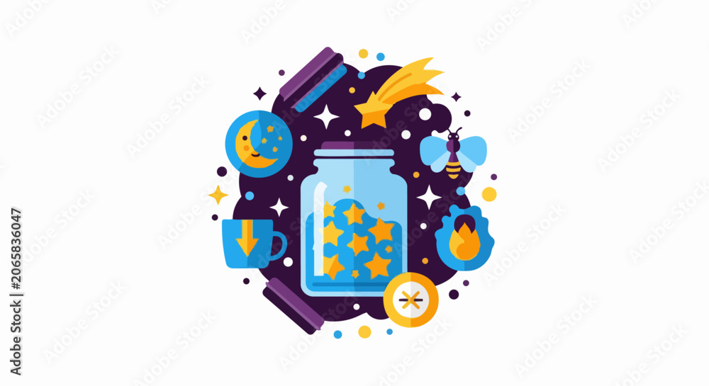 Fototapeta premium Flat Design Magical Star Jar Illustration - Whimsical Night Sky Concept with Moon, Firefly, and Shooting Star Icons