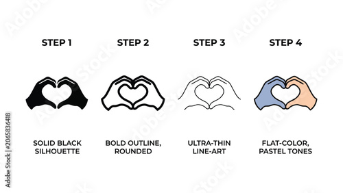 Four steps of heart shape hands forming process illustration .eps