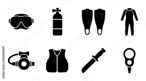 Slika na platnu Scuba Diving Equipment Icons Set, Underwater Adventure Gear Collection, Snorkeli