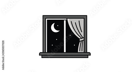 Night View Through Open Curtain Window.