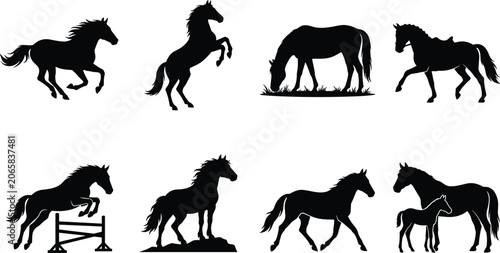 Foto Horse silhouette vector set featuring running rearing grazing show jumping trott