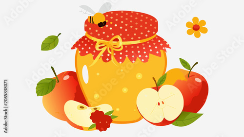 Fresh apple jam jar with a cute little bee Vector
