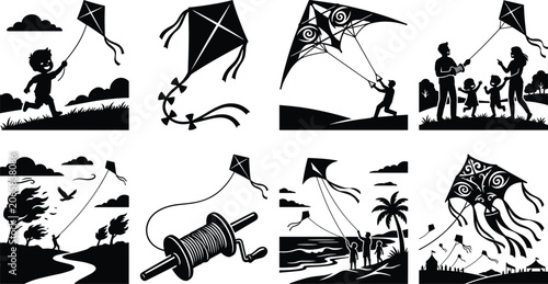 Photos Kite flying festival icon set with family fun string spool and decorative kites