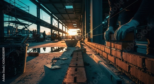 Construction Worker Laying Bricks At Sunset Construction Site