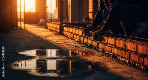 Construction Worker Laying Bricks At Sunset With Warm Light