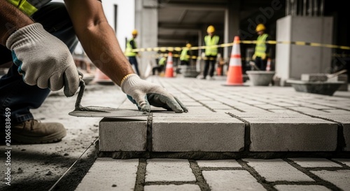 Construction Worker Laying Bricks Building Pavement With Mortar Cement Trowel