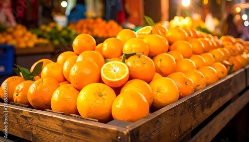 Fresh oranges in wooden crate display market.