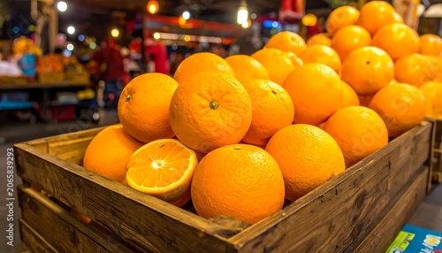 Fresh oranges in wooden crate at market stall.