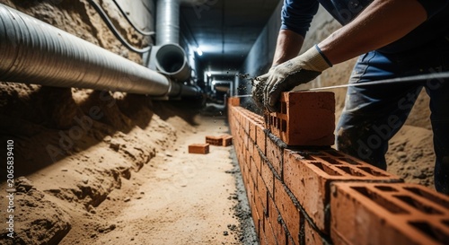 Construction Worker Laying Bricks In Drainage Trench Setting Building Foundations And