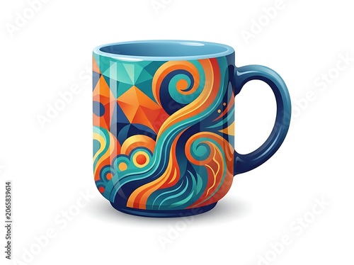 Colorful abstract swirls on ceramic mug design.