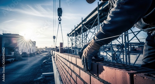 Construction Worker Laying Bricks On A Building Site During Sunrise
