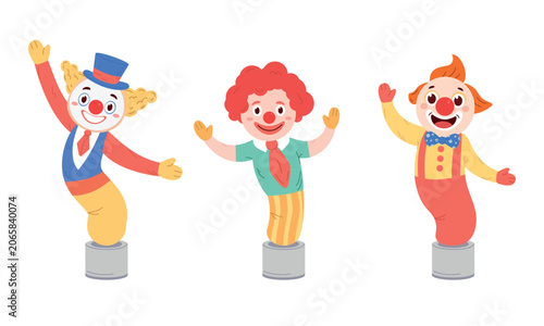 Vector set of colorful, funny, waving inflatable dancing clowns. Cute, bright dancing characters on a white background