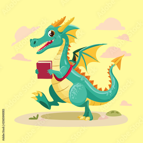 Vibrant vector illustration of adorable green dragon student carrying backpack and reading fantasy storybook suitable for children storybook illustration showcasing rich detailed