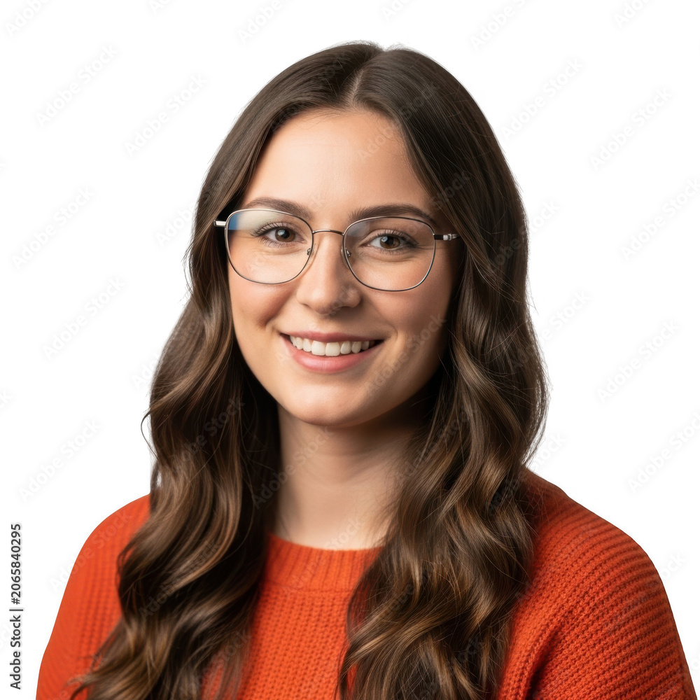 Obraz premium Young woman with long wavy brown hair and glasses smiling isolated on transparent background