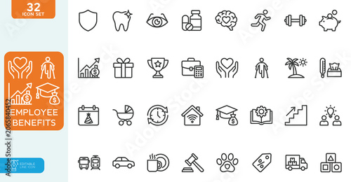 Employee benefits Vector illustration line editable Icons set. Health insurance, bonus, social security, maternity rest, paid vacation, collection. on white background.