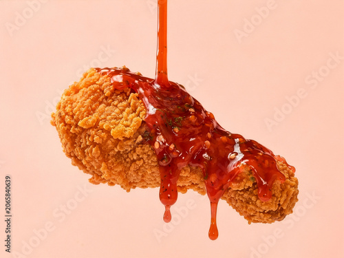 a piece of fried chicken being poured with Korean chili pepper paste