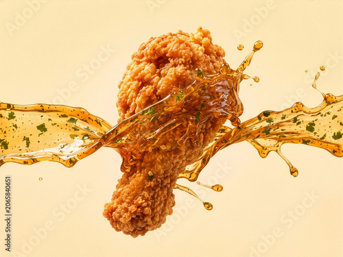 a piece of fried chicken being splashed with soy sauce