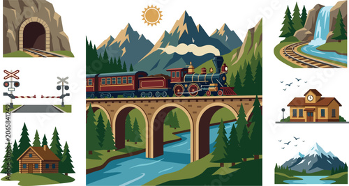 Fotografie Vintage steam train railway vector elements set with mountain bridge tunnel wate