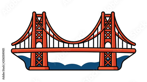 Red suspension bridge over water.