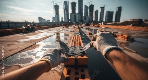 Construction Worker Laying Bricks On Rooftop With City Skyline Background