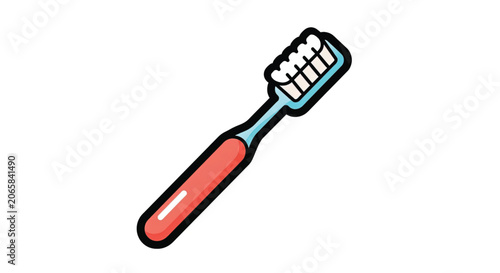 Red toothbrush with white bristles closeup.