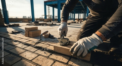Construction Worker Laying Bricks On Building Site Under Sunlight