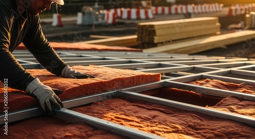 Construction Worker Installing Insulation on a New Building Roof Dawn Light