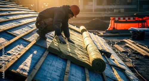 Construction Worker Installing Insulation On A New Rooftop
