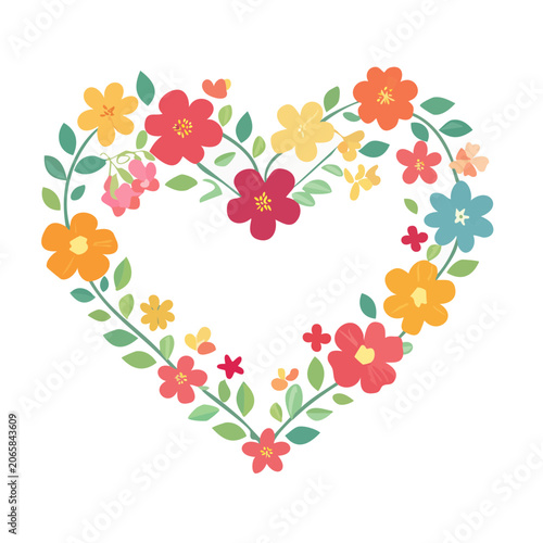 Colorful Heart Shaped Floral Wreath Illustration