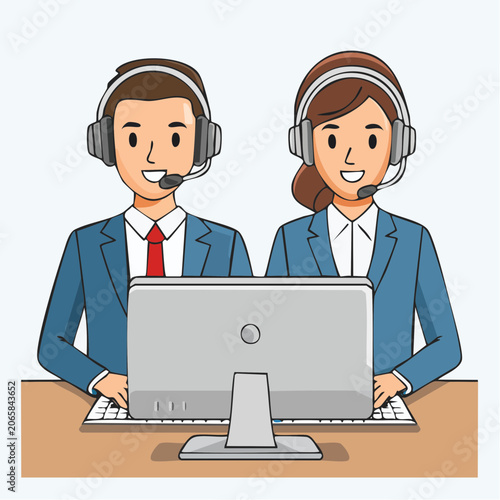 Customer Service Representatives with Headsets and Computer