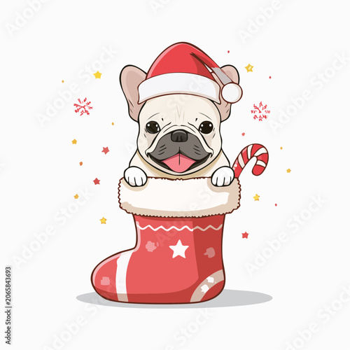 Cute French Bulldog in Christmas Stocking with Candy Cane
